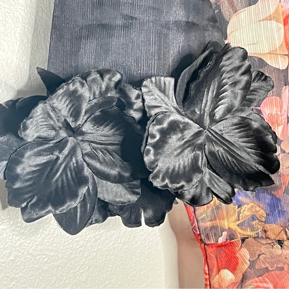 Black Multicolor Floral Sheer Midi Dress Floral Applique Hi-Neck Flare Women XL - Picture 4 of 14